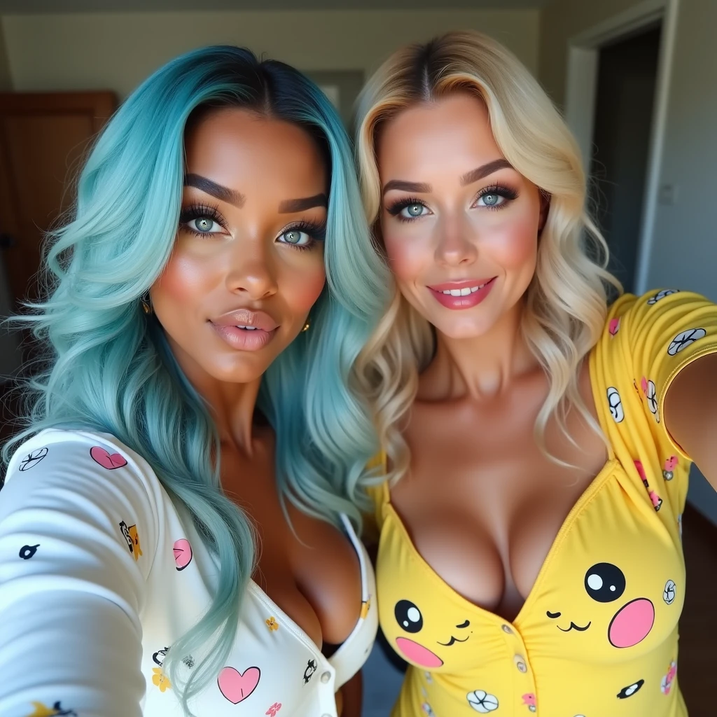 1 beautiful biracial latina woman light blue hair, light blue eyes with big large breasts wear mew pokemon pajama next to 1 beautiful white woman blond hair large breasts wear pikachu pokemon pajama, selfie pov