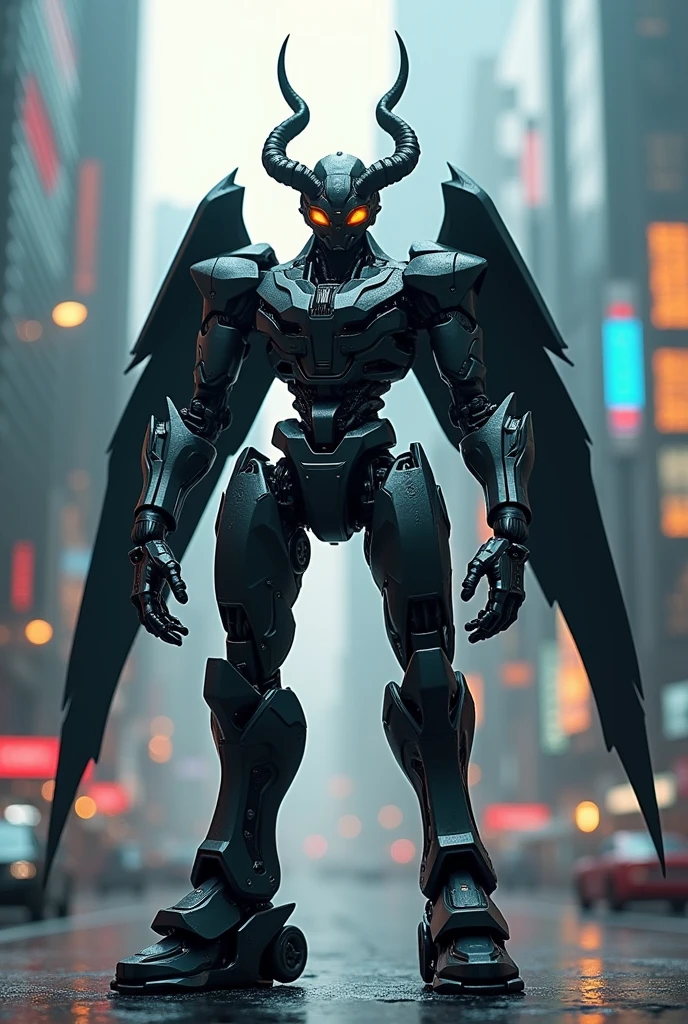 Futuristic black robot with wings and horns