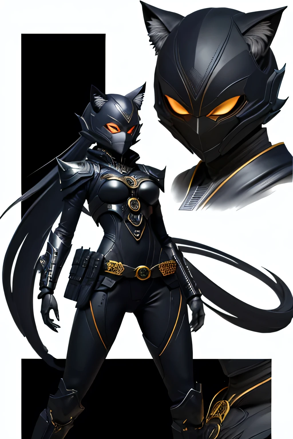 A female arch-nemesis named Midnight Mistress, a genius thief who can vividly infiltrate anywhere, collecting beautiful things. She has a beautiful but cold face, wearing a half-cat mask. Dressed in a sleek black bodysuit, gloves with sharp claws, a utility belt, and silent boots. no background. Maintain the same character design across all images.
