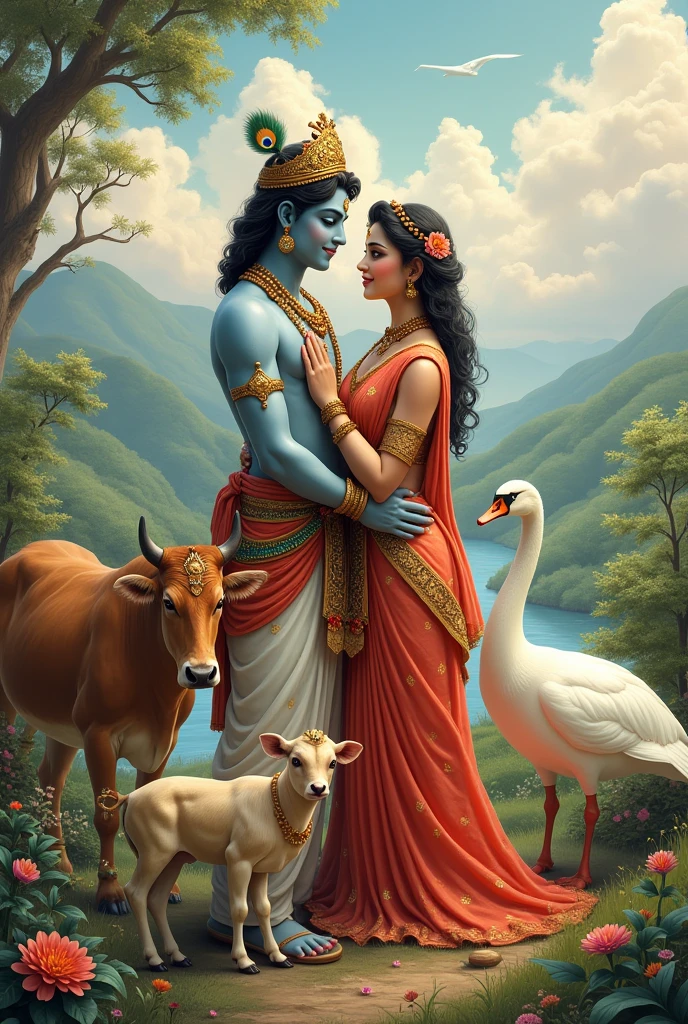 Create the image Krishna and Radha cow,calf and peacock swan