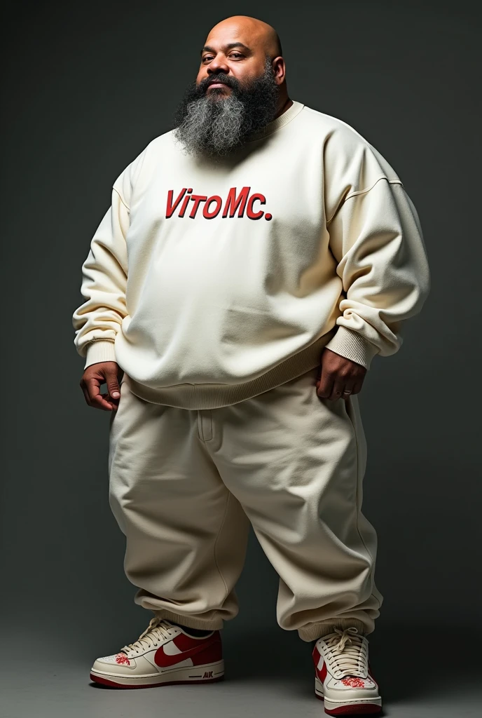 man 1,70 100 kg white dressed as a rapper 3 bald with a black beard, some grey hair and a mustache baggy sweatshirt that says Vito Mc baggy pants Nike sneakers with Marilyn Monroe on it white dress