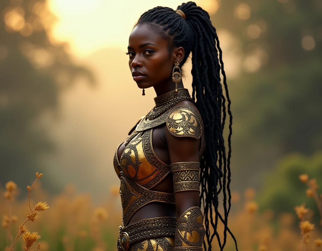 HD work of art, long ponytail with african braid, Woman negra, Woman, wearing armor of African design, tummy, tunic dress design african suit, (1 girl:1.3), standing alone,_Body parts__, offcial art, unity wallpaper 8k, ultra detaild, comely and aesthetic, comely, work of art, best qualityer, CRU, work of art, super fine photo,, best qualityer, super high resolution, photorrealistic, lighting sun, full - length portrait, stunningly comely,, Dynamic Pose, 精致的面容, vibrant eyes, (lateral view)