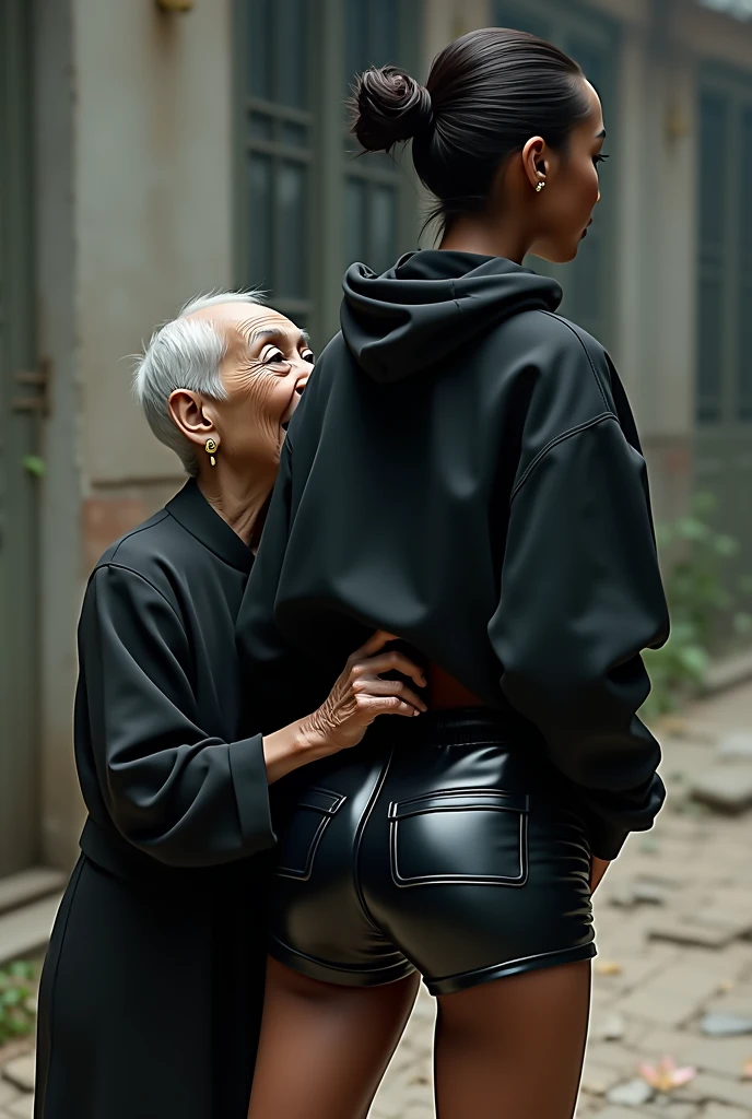 black woman hair in a bun black hoodie black leather short shorts a old grandma in a dress on her knees kissing her ass behind her hand is in her ass