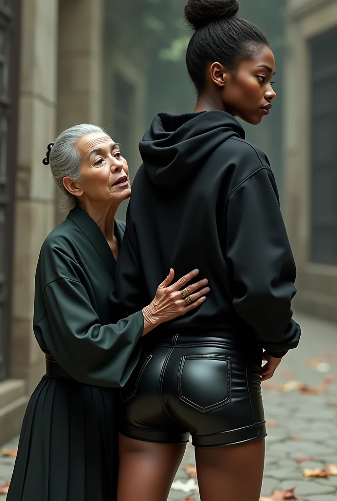 black woman hair in a bun black hoodie black leather short shorts a old grandma in a dress on her knees kissing her ass behind her hand is in her ass