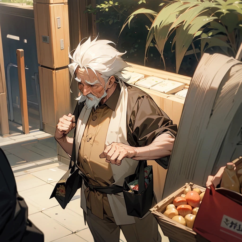 A misdle aged man starts feeling hungry and puts his right hand on his stomach and in his left hand is a bag of groceries 