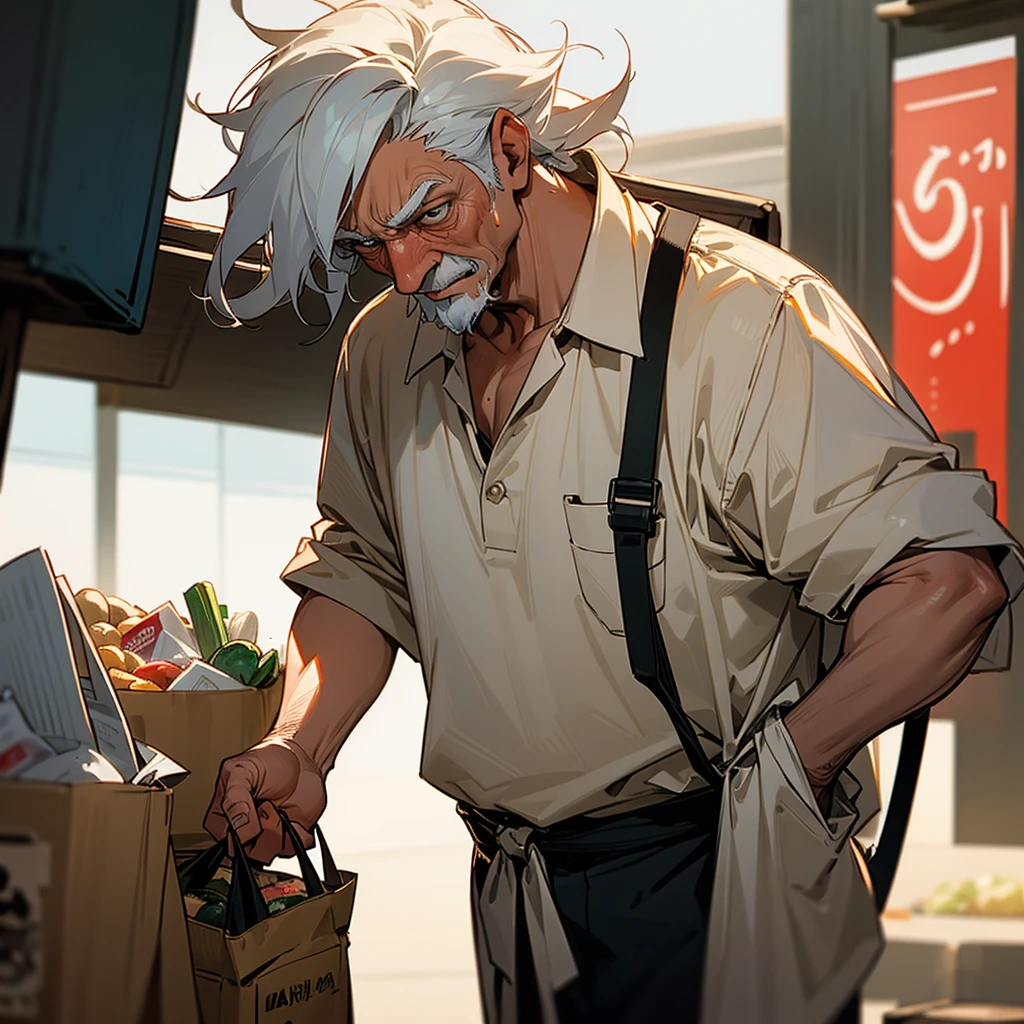 A misdle aged man starts feeling hungry and puts his right hand on his stomach and in his left hand is a bag of groceries 