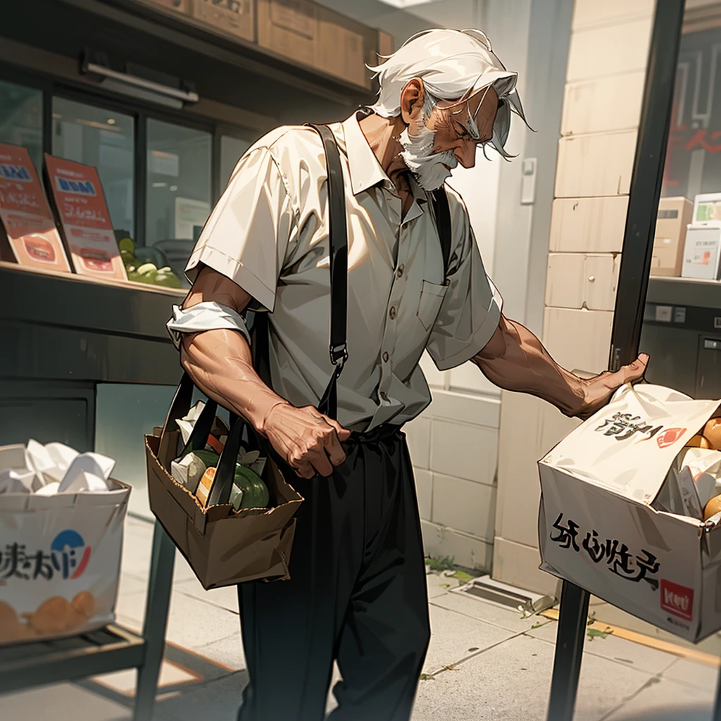 A misdle aged man starts feeling hungry and puts his right hand on his stomach and in his left hand is a bag of groceries