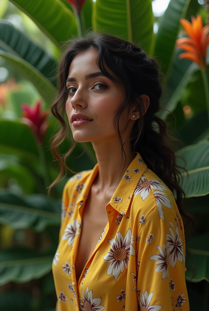 A Brazilian woman in a lush tropical garden, wearing an open shirt with a floral print, with a close-up capturing the harmonious beauty between her breasts and the natural flowers, showing off your natural charm and outgoing personality.
