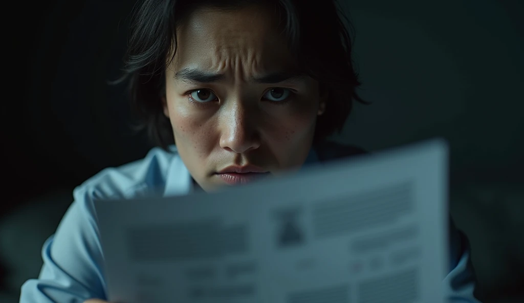"A close-up of a worried face, someone looking at a medical report with a shocked expression, dark shadows around the face, creating a mysterious atmosphere."