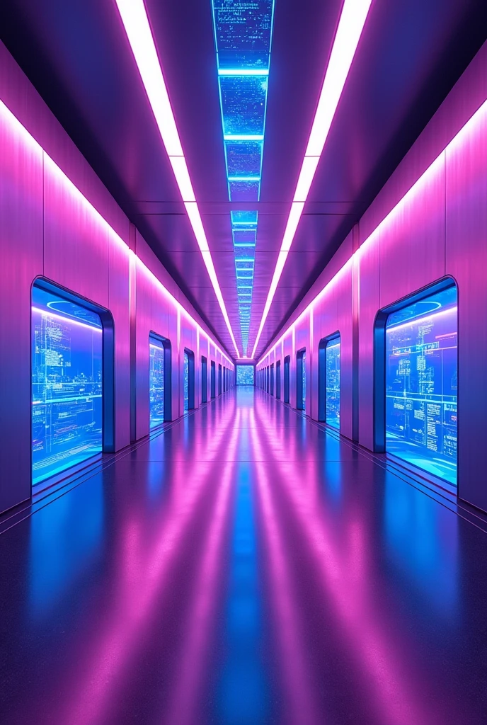 Generative AI illustration of abstract background of futuristic corridor with purple and blue neon lights,page size 1080x1080