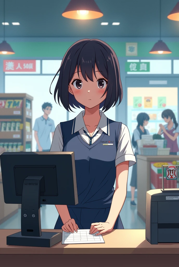 Woman Short、Short black hair、Working the cash register at a supermarket、In the style of anime,