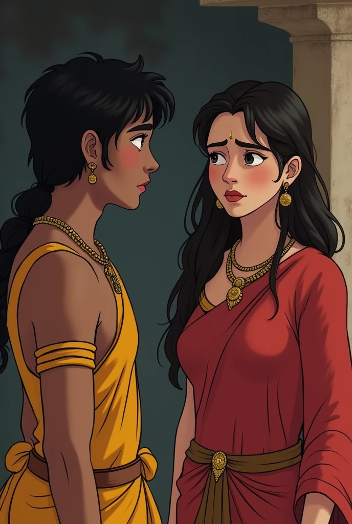 Wife: (worried) Sudama, we are struggling so much. Why don’t you go to Dwarka and meet your childhood friend Krishna? He’s a king now; maybe he can help us.Wife: (worried) Sudama, we are struggling so much. Why don’t you go to Dwarka and meet your childhood friend Krishna? He’s a king now; maybe he can help us.