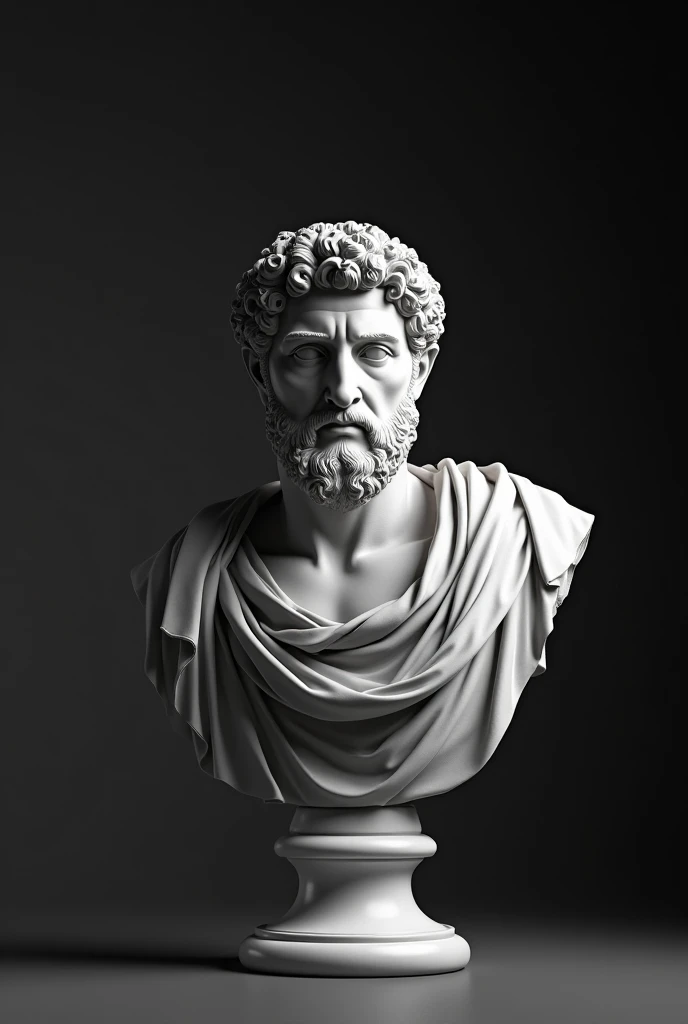 A detailed, monochromatic sculpture of Marcus Aurelius centered against a dark background, illuminated by soft, diffused lighting highlighting the textures and stoic expression." Hyper-realistic " " image size 9:16 "
