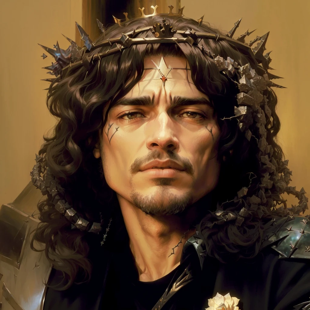 arafed man with a crown of thorns on his head, jimmy page, eddie, lizard king / queen forgiveing, inspired by Bálint Kiss, jim morrison, adrian smith, mad john martin, crown of thorns, inspired by Bruce Gilden, young robert plant, gigachad jesus, rick baker, with a halo of unkempt hair
