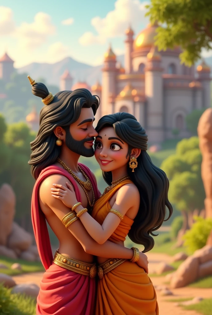 In cinematic cartoon 3d style"Ram and Sita are shown embracing joyfully in a serene setting, with Lakshman and Hanuman standing nearby. The background features a restored and peaceful kingdom, symbolizing the end of their trials."