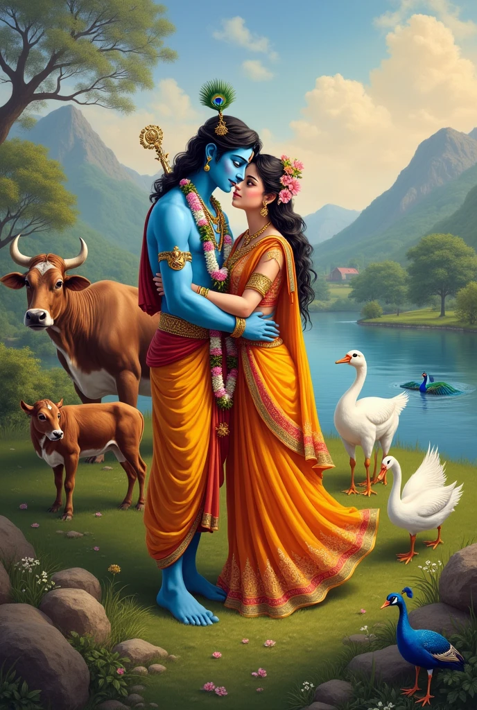 Create the image Krishna and Radha cow,calf and  peacock ,swan