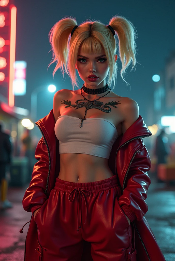 night、port、White tube top t-shirt、Showing underboob、Red leather long coat、Red drawstring sweatpants、embroidery、Bakusozoku、Yankee、Belly button、Blonde、Black hairline、Wide forehead、short hair with twin tails、Get angry、lightning、dragon、bike、illumination、Showing underboob、See-through、cute、bright