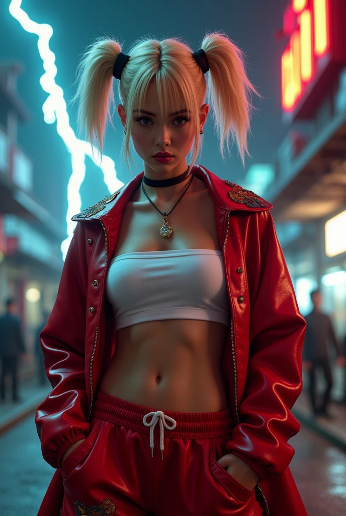 night、port、White tube top t-shirt、Showing underboob、Red leather long coat、Red drawstring sweatpants、embroidery、Bakusozoku、Yankee、Belly button、Blonde、Black hairline、Wide forehead、short hair with twin tails、Get angry、lightning、dragon、bike、illumination、Showing underboob、See-through、cute、bright