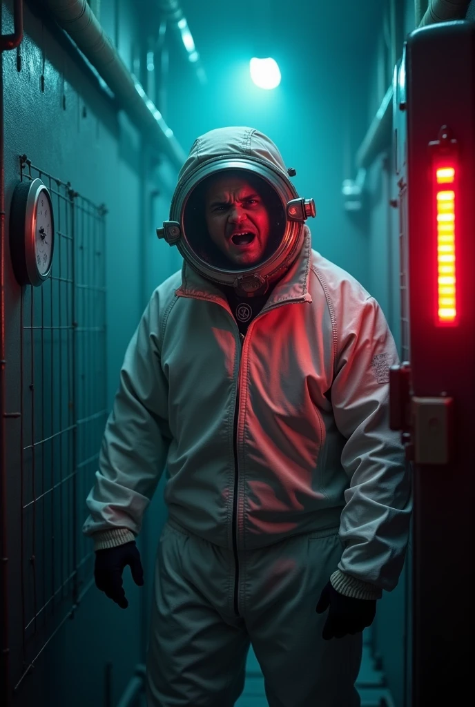 Pure Oxygen Risks: Show a human in a high-pressure environment, breathing pure oxygen, and depict the potential negative effects such as discomfort or danger, using visual cues like a red warning symbol or visible strain on the person's face.