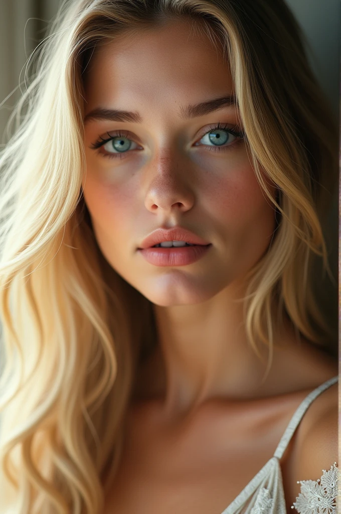 Portrait of a beautiful blonde girl identical to Shelley Henning 
