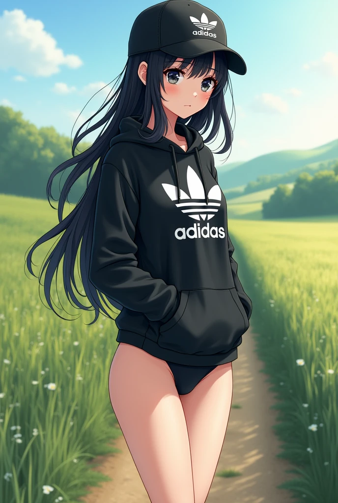 Beautiful anime girl, long black hair, black eyes, barefoot, wear black adidas cap, wear black adidas hood, wear black panties, background is countryside, Show the whole body,