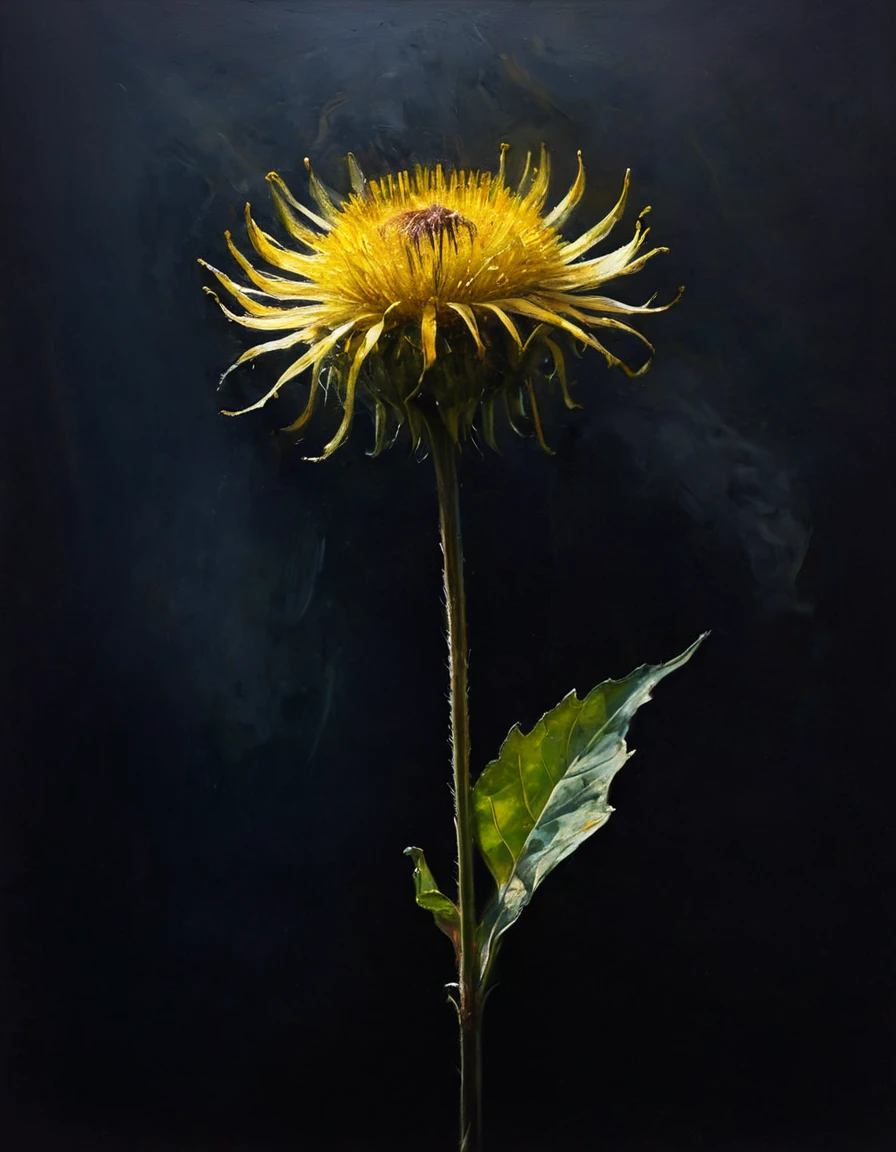 painting of a Elecampane, dark atmosphere, cinematic scene, volumetric lights, ultra realistic, in the style of nicola samori