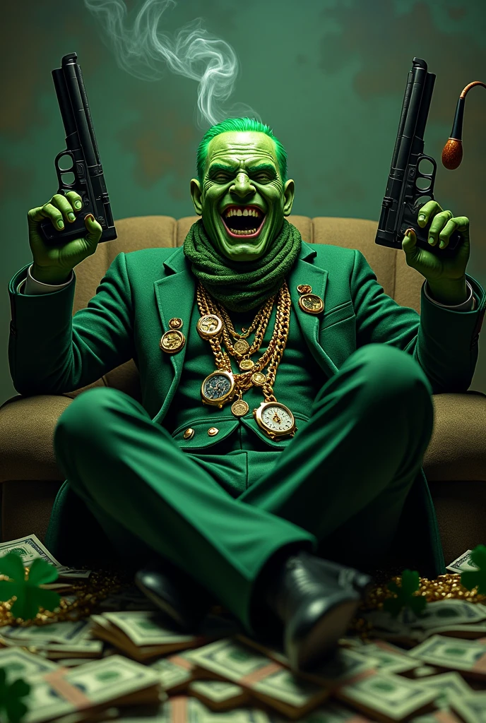 Green goblin gangster with green scarf with watches and gold chains , laughing and with 3 guns in his hand sitting on lots of bills and clovers and heads smoking tobacco