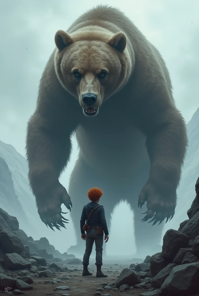 On a mountain in gray weather, A young man with curly red hair stands calmly in front of a giant bear