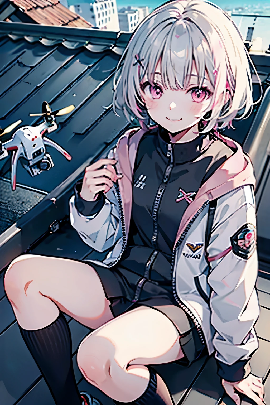 (((Highest quality)))、Girl flying a drone、Silver Hair、Short Hair、Pink Mesh、A smile on his face、White skin、Pale pink eyes、Asumi Sena、Looks like a mischievous child、Rooftop、（Detailed Description）