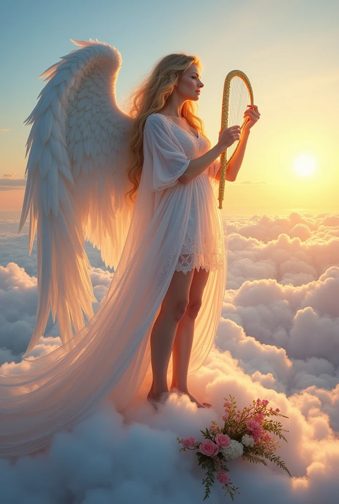 A breathtakingly gorgeous angel with ethereal beauty, standing confidently atop a solitary cloud that hovers against a backdrop of a serene sky. Her long, flowing hair, a cascade of shimmering gold, catches the light of the setting sun, casting a heavenly glow across the fluffy white cloud beneath her dainty bare feet. The angel's wings, a majestic blend of pearlescent white and iridescent blue, span wide and arch gracefully, their feathers fluttering slightly in an unseen breeze. Her attire is a stunning ensemble of intricately designed robes made from a fabric that seems to be woven from the very essence of the clouds themselves, with hues that shift from soft pinks to gentle blues as they drape around her lithe form. In her hand, she holds a golden harp, its strings vibrating with an unheard melody that resonates with the peaceful ambiance. Her expression is one of serene contentment, with eyes that sparkle like the stars she seems so close to. The scene is suffused with a soft, warm light that highlights the tender emotions on her face and the delicate features of her heavenly body. The cloud she stands on is adorned with a bouquet of lush, blooming flowers, their vibrant colors popping against the monochromatic sky, symbolizing life and beauty in the realm of the divine. The horizon line is kissed by the fiery oranges and purples of a tranquil sunset, creating a stark contrast to the cool tones of the cloud and the angel's attire. The overall composition exudes an aura of tranquility and grace, inviting the viewer to share in the heavenly moment captured in this ethereal tableau.