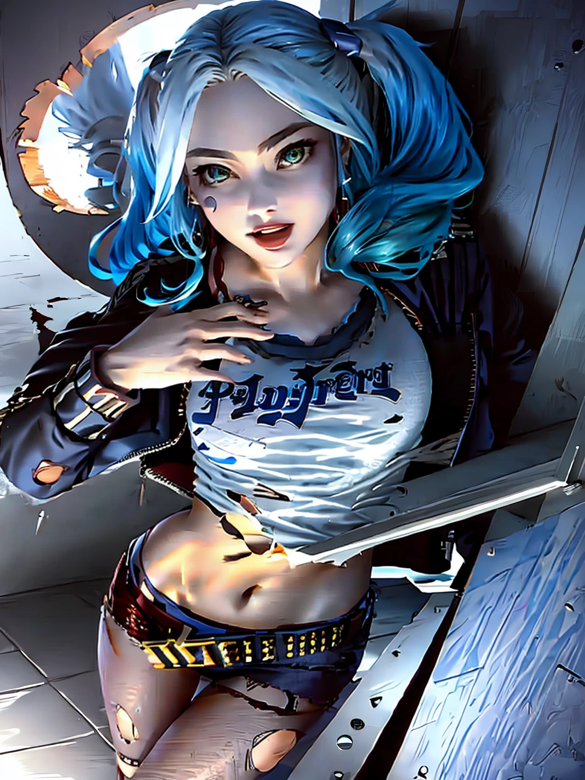 A beautiful and detailed (sweet picture) wa ((krystal)), Star Fox krystal, sslim, lovable, green eyes, medium breasts, (((Long blue hair 1.3))), Decollete, anthro, furry, Uploaded E621, detailed fluffy fur, (wa Fluff-Kevlar, Bayard Wu, Pino Daeni), detailed face, (fluffy), 1 girl, alone, sweet girl, (((hole body))), ((( torn t-shirt))), hotpants, leather jacket,