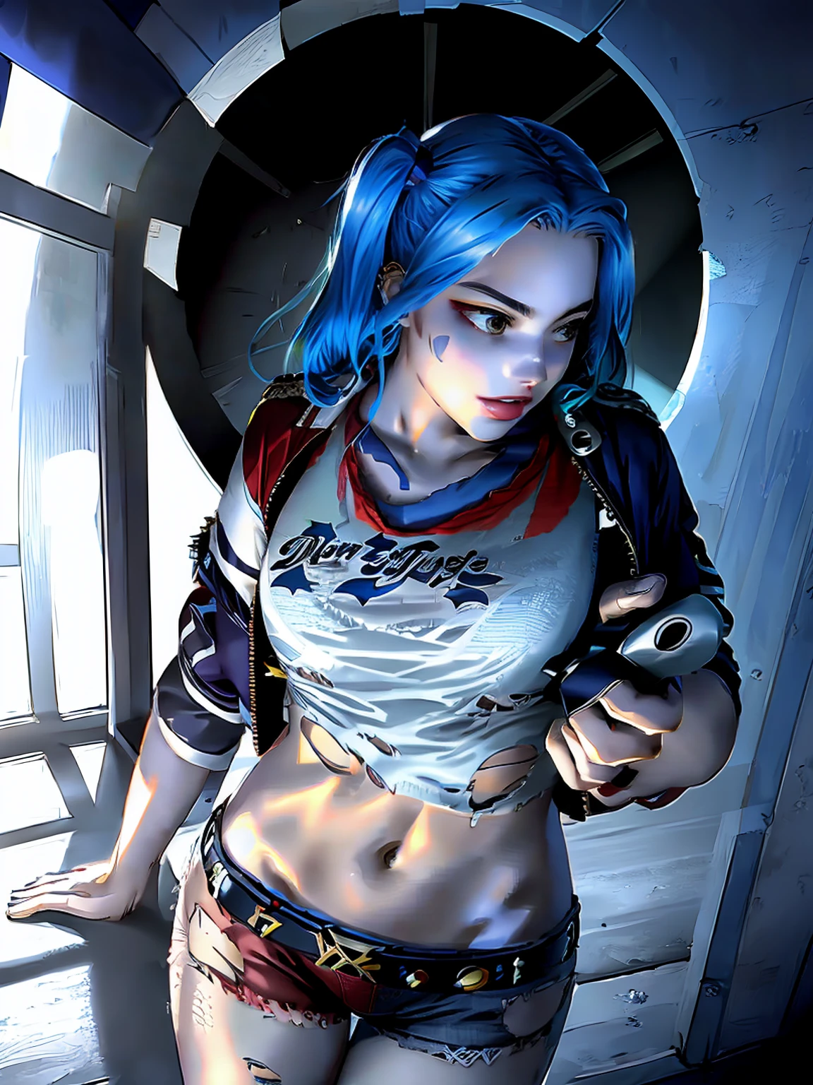 A beautiful and detailed (sweet picture) wa ((krystal)), Star Fox krystal, sslim, lovable, green eyes, medium breasts, (((Long blue hair 1.3))), Decollete, anthro, furry, Uploaded E621, detailed fluffy fur, (wa Fluff-Kevlar, Bayard Wu, Pino Daeni), detailed face, (fluffy), 1 girl, alone, sweet girl, (((hole body))), ((( torn t-shirt))), hotpants, leather jacket,
