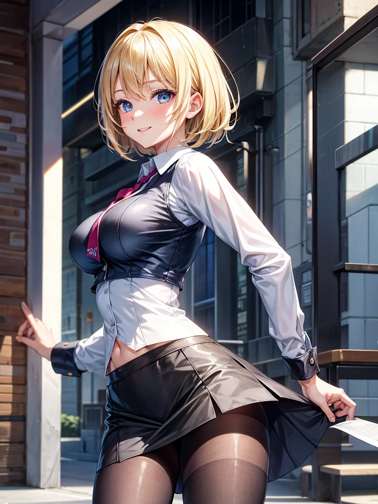 Anime style, super fine illustration, highly detailed, beautiful detailed, super high quality image, static representation, gentle expression, happy expression, the pretty image, the perfect style woman, 8k, pretty 1girl with blonde straight short hair & blue eyes & a bright smile & full bust & soft fair skin is a female secretary not to show her skin wearing the business shirt & vest & black tight skirt & black pantyhose on the urban business buildings street, happy stories, solo, perfect fingers, perfect arms, perfect legs, masterpiece.