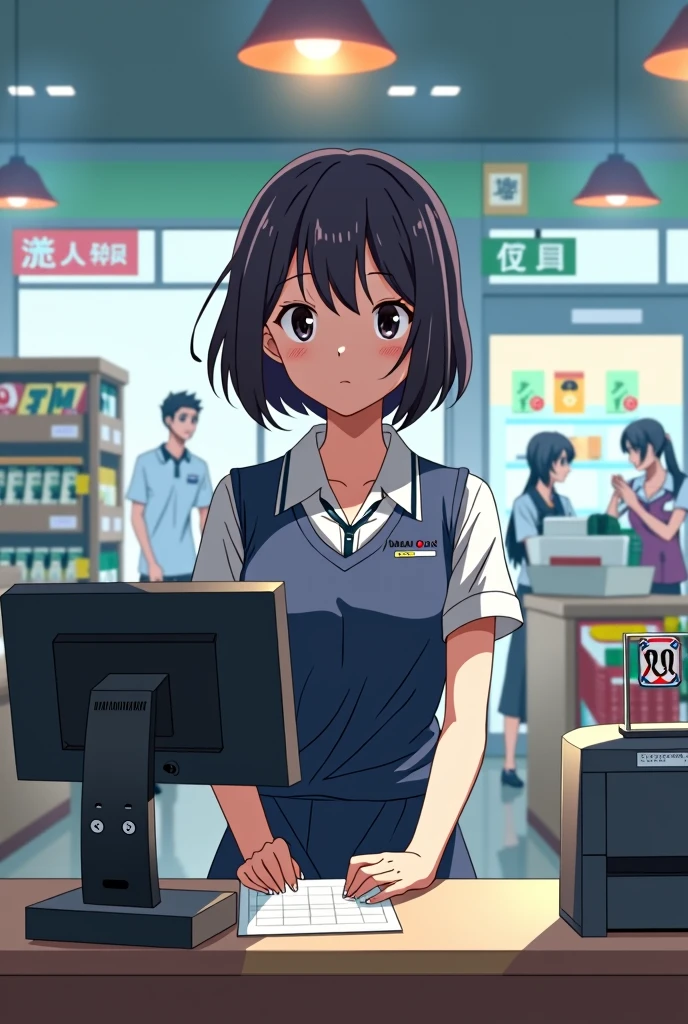 Woman Short、Short black hair、Working the cash register at a supermarket、In the style of anime, 