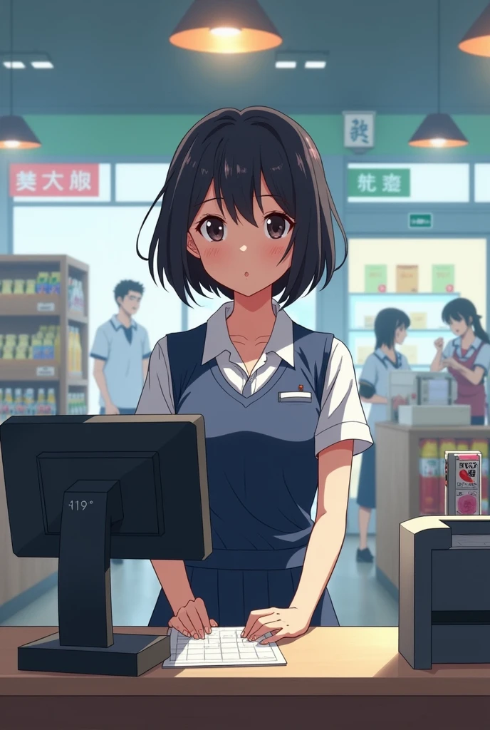Woman Short、Short black hair、Working the cash register at a supermarket、In the style of anime, 
