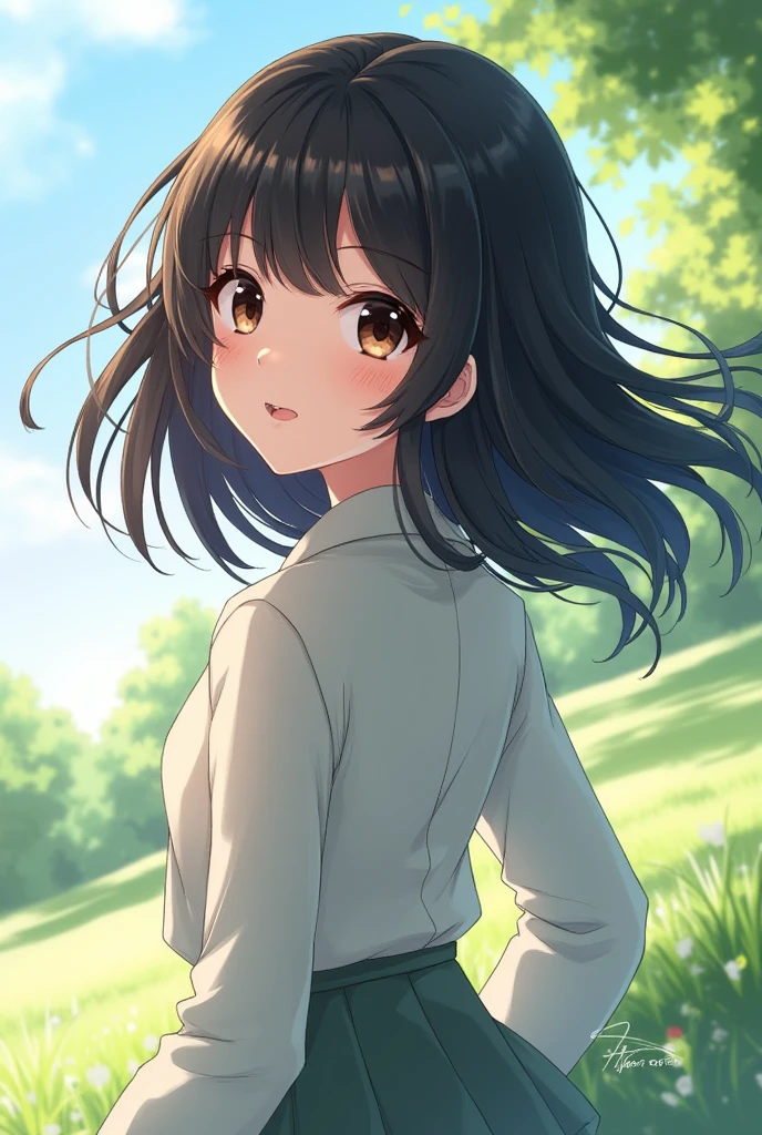 The girl with shoulder length black hair without bangs turned her head back and smiled, her hair flying in the wind.