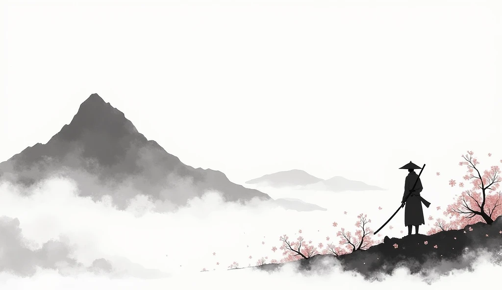 Lots of white space ,White background, simple, Minimalism, Abstract,Hand Painted,Aesthetic,black and white,Ink Painting,,a mountain,There are plum blossoms,Swordsman wearing a bamboo hat,一幅Abstract的艺术插图, author:Xu Shuai, Arte no estilo de Gu Weiss, Shin Jin Hye, Obra-prima de Gu Weiss, Ross Figure 1. 0, Beautiful digital illustrations, Inspired by Non-WLOP, simple數位藝術, jingna zhang, Gu Weiss, Stunning digital illustrations