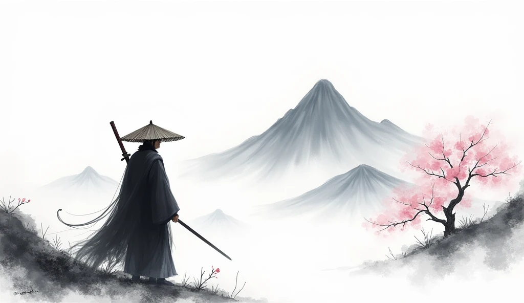 Lots of white space ，White background, simple, Minimalism, Abstract,Hand Painted，Aesthetic，black and white，Ink Painting，，a mountain，There are plum blossoms，Swordsman wearing a bamboo hat，一幅Abstract的艺术插图, author：Xu Shuai, Arte no estilo de Gu Weiss, Shin Jin Hye, Obra-prima de Gu Weiss, Ross Figure 1. 0, Beautiful digital illustrations, Inspired by Non-WLOP, simple數位藝術, jingna zhang, Gu Weiss, Stunning digital illustrations