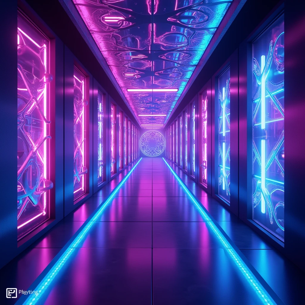 Generative AI illustration of abstract background of futuristic corridor with purple and blue neon lights