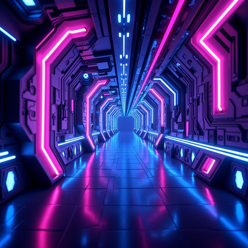 Generative AI illustration of abstract background of futuristic corridor with purple and blue neon lights