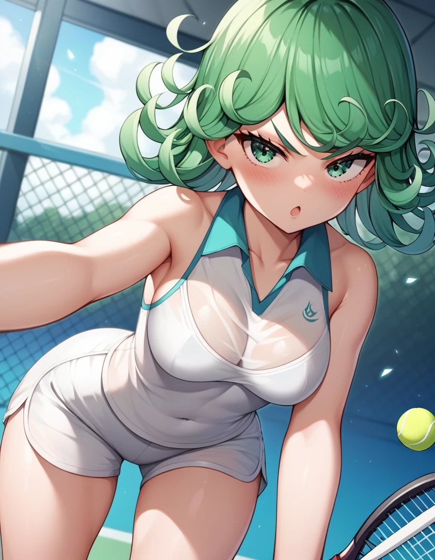 score_9, score_8_up, score_7_up, source_anime, best quality, clear face, Tatsumaki, green hair, green eyes, long hair, large breasts, perfect body, standing, looking at viewer, angry cute, only wearing white shirt and white shorts, dynamic angle, indoor,clothes,blushing,embrassed,see though clothes, view,bending over,tennis girl,sexy tennis,sexy pose