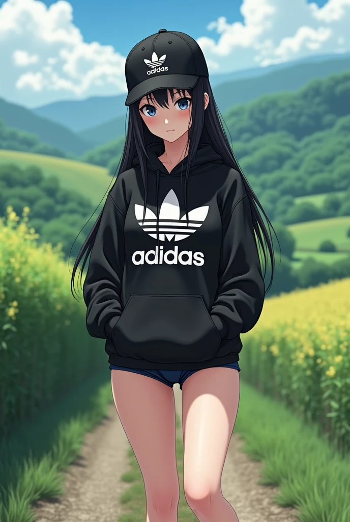 Sexy anime girl, long black hair, black eyes, wear black adidas striped slippers white and black, barefoot, wear black adidas cap, wear black adidas hood, wear black panties, background is countryside, whole body