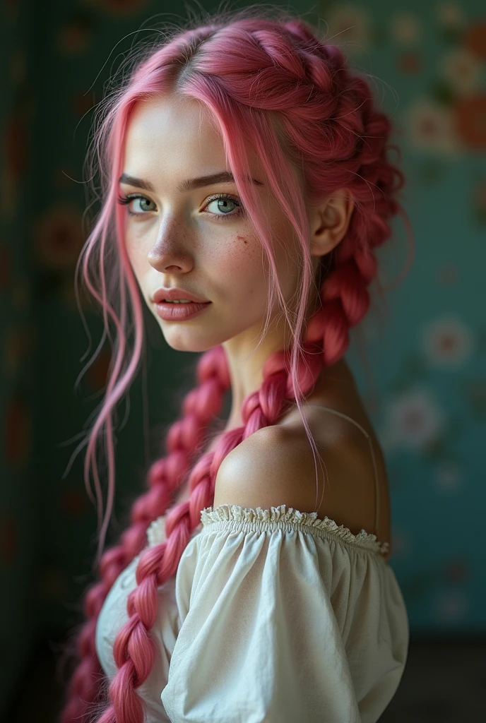 (Real:1.2), Analogue photography style, Beautiful young woman, Pause, She has freckles、Long pink braided hair, (Steampunk Dark Fantasy Atmosphere), Soft natural light, Cute and sexy, Great quality, masterpiece, Detailed strange background, Better performance, 16K quality, RAW Photos