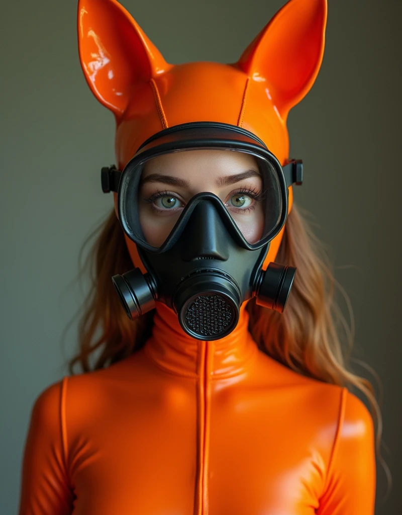 A sexy girl in a latex wetsuit naranja, orange wetsuit, latex wetsuit, Whole body, Whole body image, fox ears, rubber full face scuba gas mask, gas mask, gas mask, scuba gas mask, detailed face, pretty eyes, Skinny body, cinematic lighting, Changing Color Palette, photorealistic, high quality, hyper detail