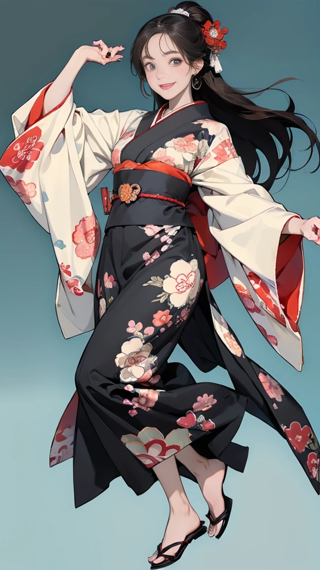 (SeaArt creates stunning illustrations of beautiful women in kimono)、Vividly colored Japanese Ukiyo-e style illustrations、A beautiful woman smiles and shows her upper white teeth、Brown-black long hair、Beautiful full body style、If you want to dance, let's dance, Tokyo Ondo, Yoi Yoi、Beautiful new digital paintings,、Bright vibrant digital anime art、 Beautiful anime portraits、background,Torii gate front of Japanese shrine、 Detailed digital anime art