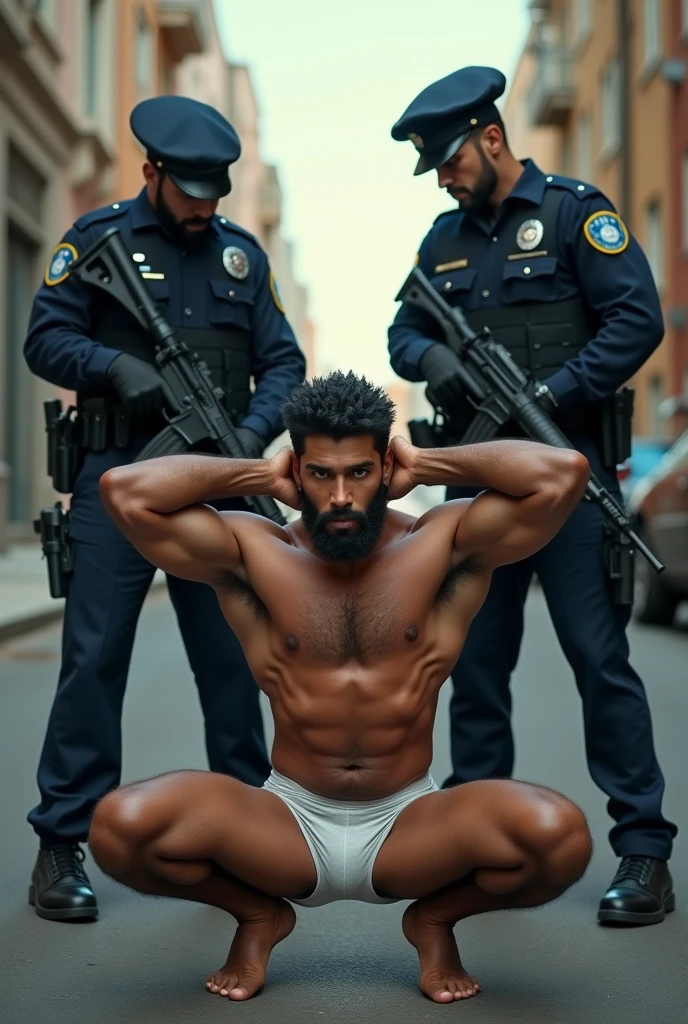 Young strong hairy bearded mixed race man in white bulge underwear, crouched with both hands behind the head, being searched by two armed police officers.