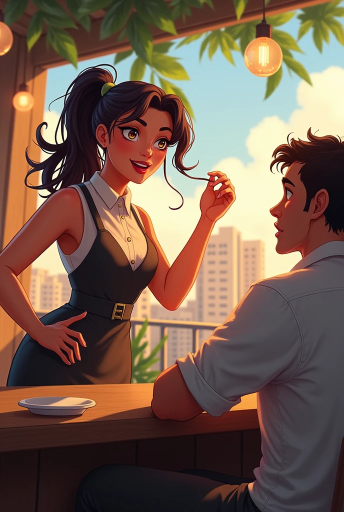 A young woman with a mischievous glint in her eye stands behind the counter of a rooftop cafe, playfully twirling a strand of her hair. She's wearing body fit modern cafe server dress that draws attention to her vibrant personality. A shy male customer sits at a table, stealing glances at her from time to time, his heart pounding in his chest.