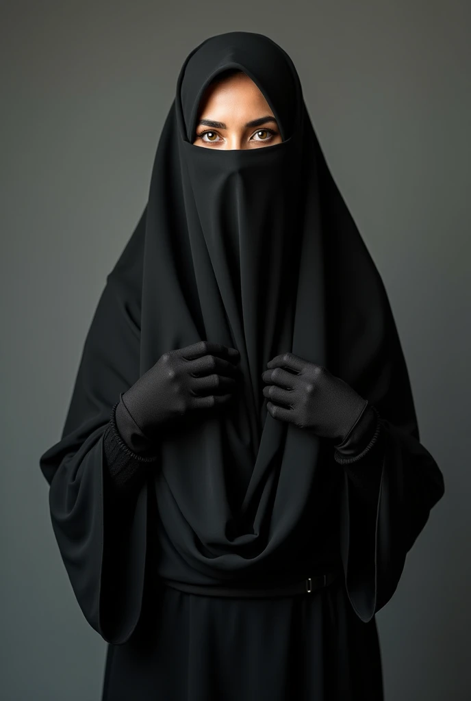 A muslim woman wearing a black burqa and black gloves, standing streight, looking at camera, holding up her burqa and showing hairy vulva, photorealism:1.2, high detail, high resolution, 4K, UHD