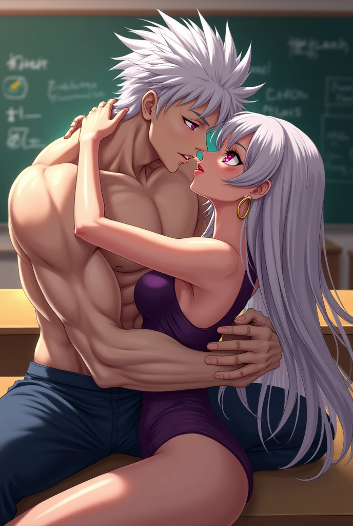 anime boy with white spiky hair, pink eyes, pale skin, muscular, glossy lips, long white eyelashes, groping girl in classroom