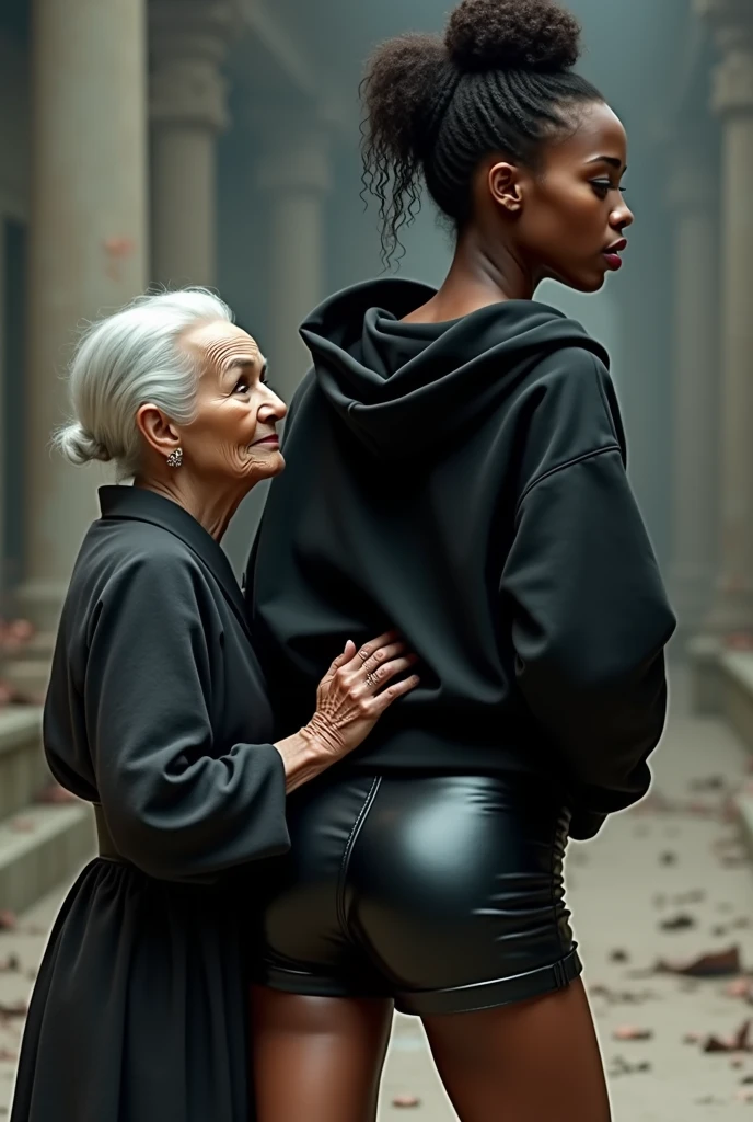 black woman hair in a bun black hoodie black leather short shorts a old grandma in a dress on her knees kissing her ass behind her hand is in her ass
